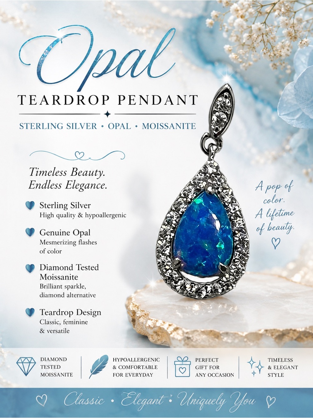Blue Opal Teardrop Pendant Necklace - Sterling Silver & Moissanite